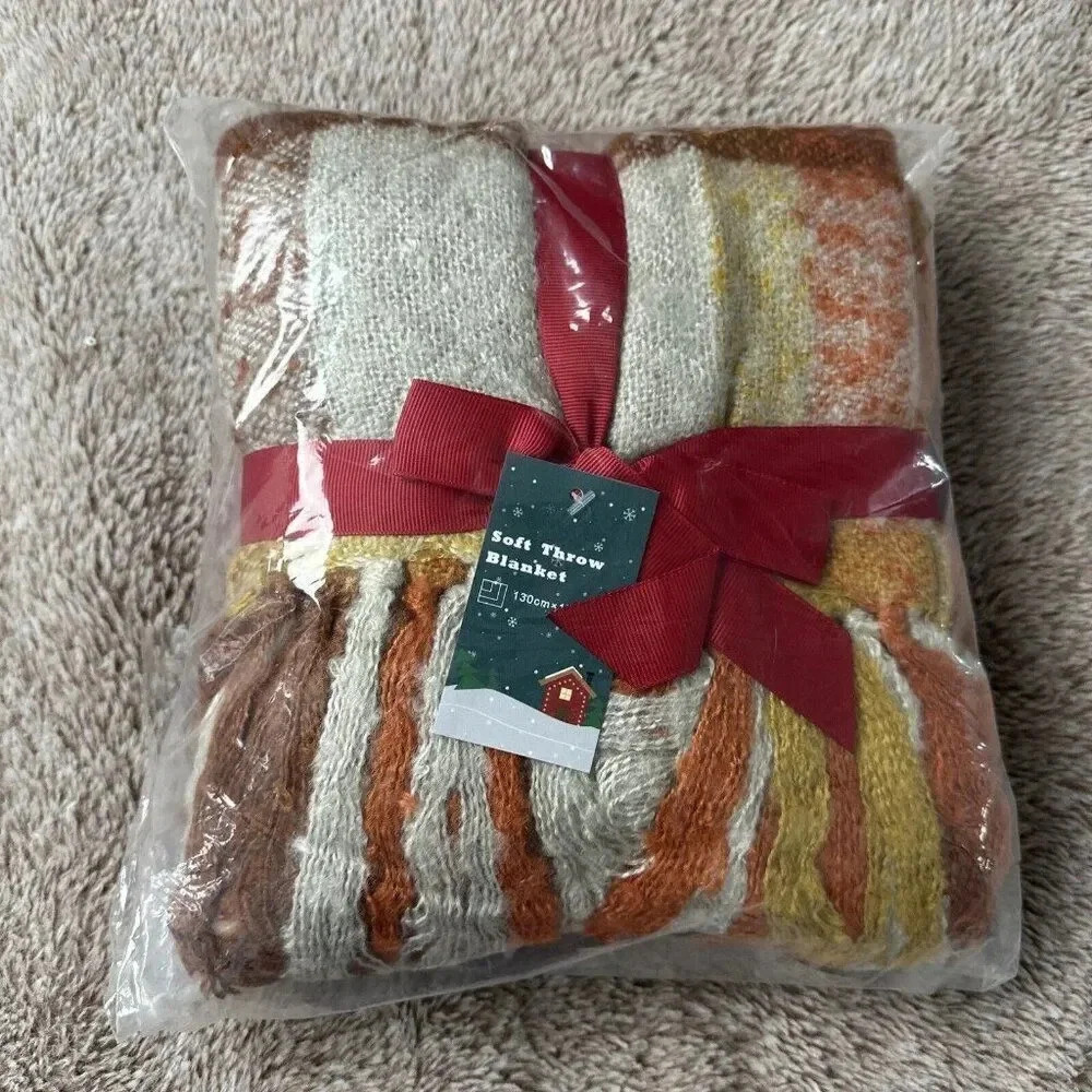 Orange Plaid Blanket Throw Acrylic Soft Reversible Dyed Fringed Bed Blanket f... - Picture 8 of 14